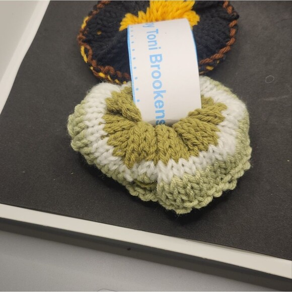 Hand Crafted Knit Scrunchies Yellow Green Jumbo Hair Band Accessory Set of 2 - Picture 4 of 10